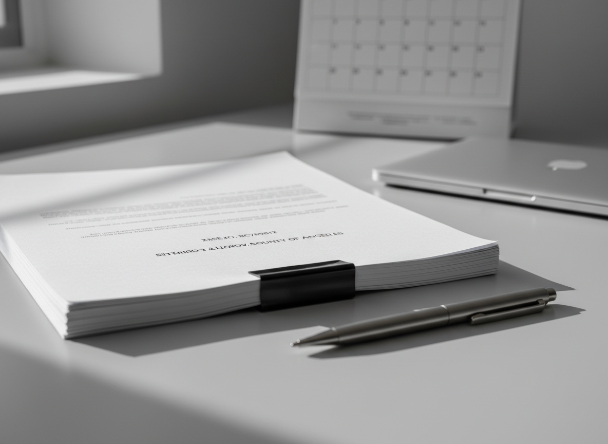 A neatly organized stack of legal documents secured with a sleek black binder clip rests on a smooth, light gray desk surface. The top page features a crisp, clearly printed court caption and case number, with a small, metallic pen positioned parallel to the stack, symbolizing completion. In the background, slightly out of focus, a minimalist wall calendar and a closed laptop suggest structured workflow. Soft, diffused daylight from an unseen window casts gentle, directional shadows and subtle highlights along the paper edges. Shot at eye level with a shallow depth of field, the composition is clean and balanced, emphasizing clarity, order, and reliability. The photographic realism and neutral tones create a professional, corporate aesthetic suited to a trusted process serving agency.